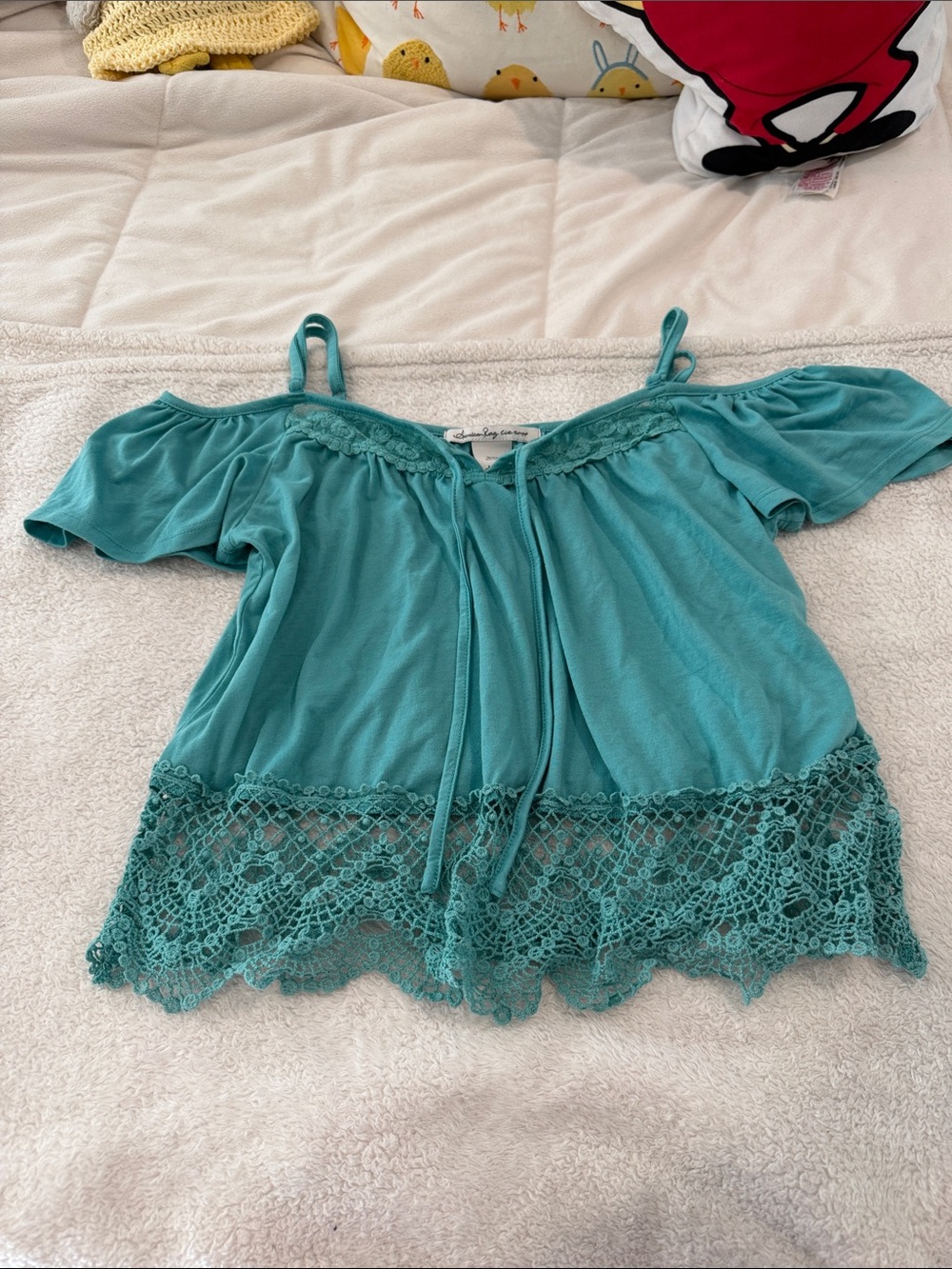 American Rag Women’s Teal Off-Shoulder Crochet Hem Top